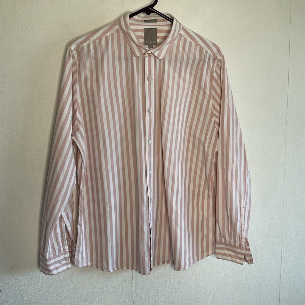 A Frame the Oversized Shirt Button‎ Down size Large Pink Stripped Poplin Blouse